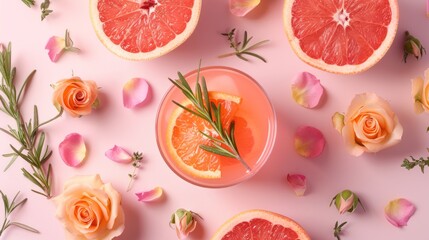 Canvas Print - Pink Grapefruit and Rosemary Cocktail with Roses