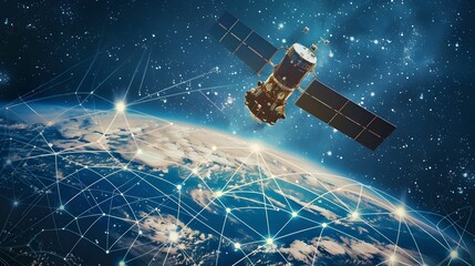 Fototapete - Satellite Communication in the Digital Age   Overlaid Satellite Orbiting with Digital Signals and Network Nodes