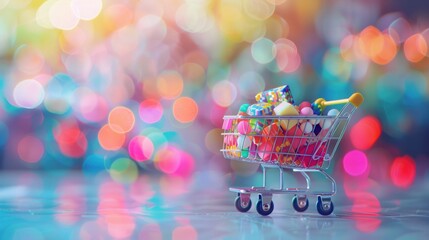 Canvas Print - Shopping Cart Filled with Gifts on a Colorful Bokeh Background