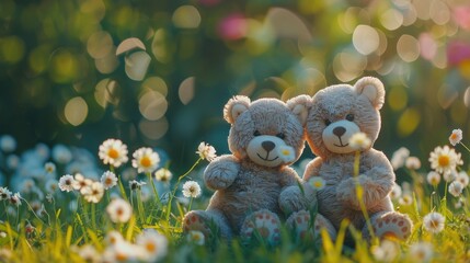 Canvas Print - Two Teddy Bears in a Field of Daisies