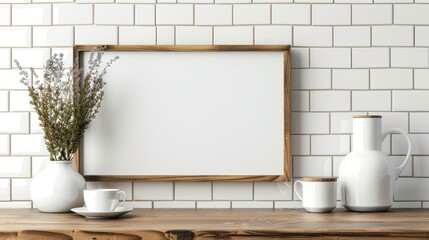 Poster - White Kitchen with a Frame, Flowers, and Ceramic Dishes