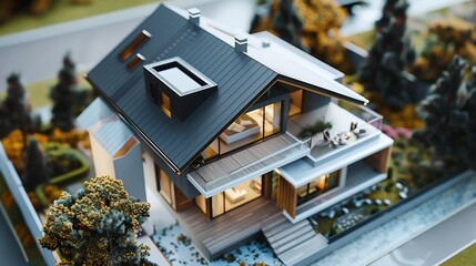 Poster - Volumetric project of house Layout of a house with an open roof Miniature layout of a cottage top view Building model as a symbol of architectural business Design in architectural bure : Generative AI