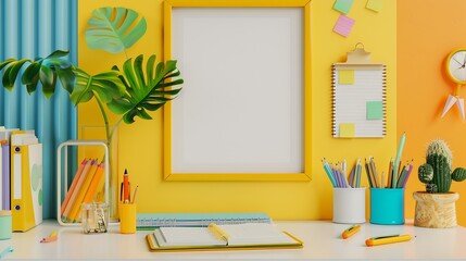 Creative desk in kids room with yellow frame mock up plant and notebooks note on the wall and many yellow and orange supplies : Generative AI