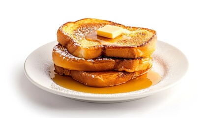 Homemade stack of tasty french toast sliced bread soaked in beaten eggs fried with crispy crust edge a pad of butter powdered sugar and syrup tasty food on a plate isolated on white ba : Generative AI