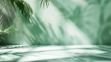 Poster - Abstract gradient green studio background for product presentation Empty room with shadows of window and flowers and palm leaves  3d room with copy space Summer concert Blurred backdro : Generative AI