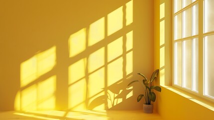 Poster - Yellow room corner with crossing windows shadows Minimalistic space concept : Generative AI
