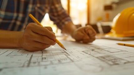 Wall Mural - A closeup an architect a house designer holding a pencil pointing to a house plan to examine the design plan before discussing the details with the client Interior design and decoratio : Generative AI