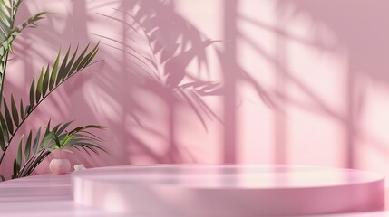 Abstract pink  gradient studio background for product presentation The room is empty with  window shadows flowers and palm leaves 3D room with copy space Summer concert Blurred backgro : Generative AI