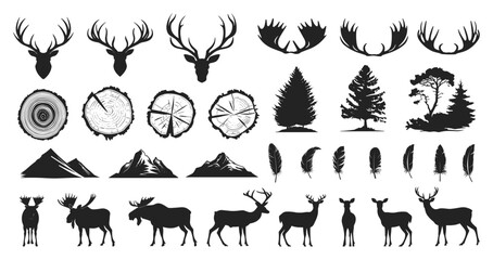 Canvas Print - Antlers, feathers, trees rings and mountain silhouettes set. Fir trees. Forest camping and hunting concept elements. Vintage decorative isolated vector clipart collection