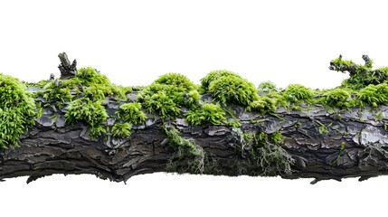 Poster - Fresh green moss on wet tree bark isolated on white side view : Generative AI