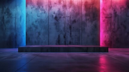 Dark three dimensional room with concrete wall and floor and pink and blue lighting Empty modern urban background for mock up or product display : Generative AI