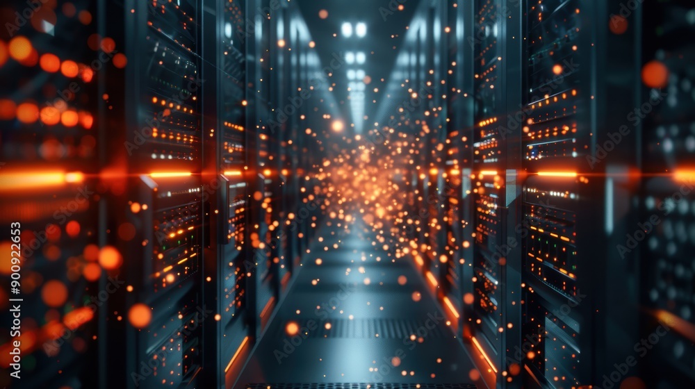 Overloaded data center with sparks and error screens, illustrating ...