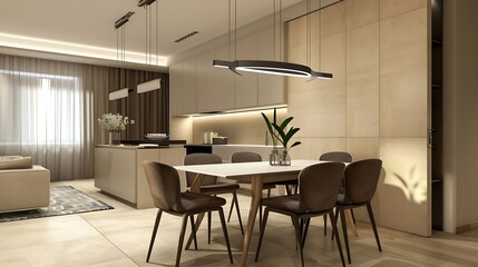 Aufkleber - Modern interior design of apartment dining room with table and chairs empty living room with beige wall panorama : Generative AI