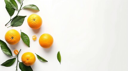 Poster - Fresh orange fruits with branch and leaves isolate on white background Clipping path : Generative AI