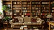 © The Little Hut - Bookshelves in the library Large bookcase with lots of books Sofa in the room for reading books Library or shop with bookcases Cozy book background Bookish bookstore bookshop : Generative AI