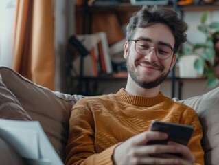 A person sitting on a couch holding a mobile device, perfect for illustrating digital life or communication concepts