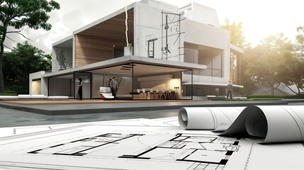 Poster - Two architects and engineers are in a meeting to discuss house designs according to building and construction standards before presenting them to clients Interior design and decoration : Generative AI