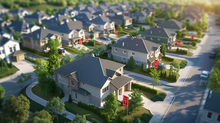 Aerial of a neighborhood with sold signs over several houses Top down shot above modern American housing development with hot real estate market 3D render : Generative AI