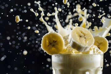 Poster - Splash of milkshake with exploding banana slices amid milk splashes