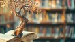 © The Little Hut - Wooden tree with books on blur background of library with bookshelf Flawless : Generative AI