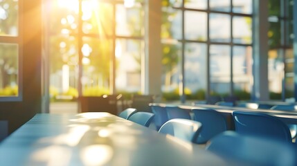 Wall Mural - Beautiful blurred background of bright classroom and study room with panoramic windows and beautiful lighting : Generative AI