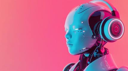 Canvas Print - A robot with headphones on its head is standing in front of a pink background