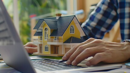 Poster - Engineers are typing on a laptop keyboard to review the design of the house before editing it and sending it to customers Home design ideas by expert engineers for quality and correct  : Generative AI