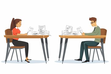 two young professional man and woman in an office setting, sitting at desks and working with papers on the desk. vector flat illustration, white background, simple design.