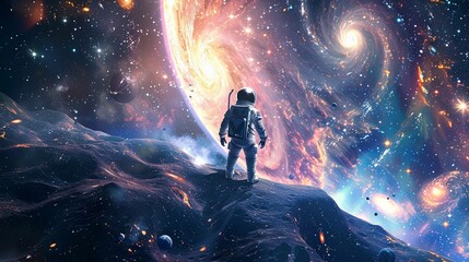 Wall Mural - A man in a spacesuit stands on a rocky planet in space