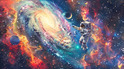 Wall Mural - A space scene with a man in a spacesuit flying through a spiral galaxy