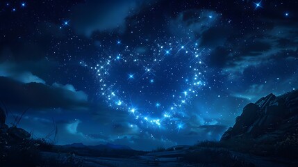 Bright stars in a night sky arranged in the shape of a heart, romantic magic night, love and Valentines day card. 