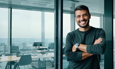 Canvas Print - Environmental portrait video of a grinning man in his 40s wearing a comfortable tracksuit against an office or corporate background