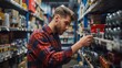 © INT888 - A young man shops in a hardware store, carefully examining tools and supplies among neatly organized shelves.