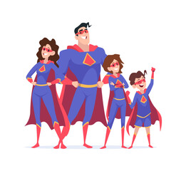 Canvas Print - superheroes family. strong and happy male and female heroes mother father and kids standing in heroic poses