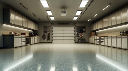 Modern garage interior with polished floor, ample storage, and bright lighting, ideal for home improvement or automotive projects.