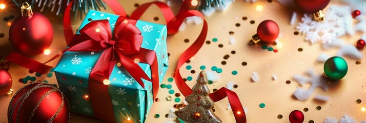 Wall Mural - Festive Christmas horizontal yellow banner web poster, header for website with decorative holiday elements. Merry Christmas and Happy New Year holiday background