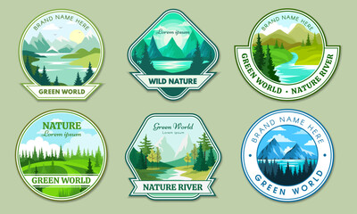 Wall Mural - nature logos. labels with mountains green landscape concept for water design badges recent vector al