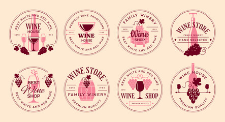 Wall Mural - wine market. alcohol badges with wine bottles and grape stylized pictures and place for personal tex
