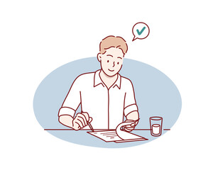 Wall Mural - business man concept. young female entrepreneur sitting at his desk, holding pen and reading busines