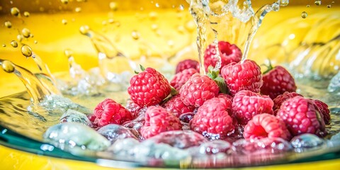 1 Fresh Raspberries Splash in Pink Water AI Generative, raspberries, fresh, water, background