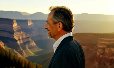 Wall Mural - Lifestyle portrait video of a tender man in his 40s wearing a classic blazer against a mountain valley or canyon background