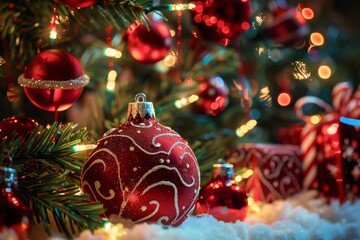 Wall Mural - Red Christmas ornaments with festive lights and green branches, ideal for holiday celebrations.