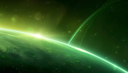Space scene. Green nebula with  planet