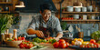© Aigo labs - A happy asian man wearing an apron is cooking in his kitchen. He is surrounded by fresh vegetables and looks happy and content.