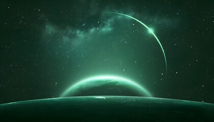 Space scene. Green nebula with  planet