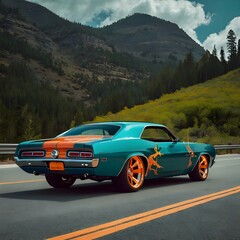 a surreal and vibrant cinematic photograph of a one-of-a-kind hot rod muscle car, boasting a matte teal body, adorned with intricately painted orange flames that mirror Generative AI 