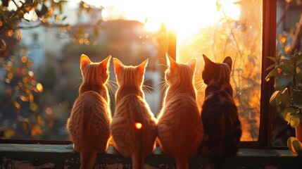 Four cats sit by a window, gazing at a beautiful sunset, creating a warm and serene atmosphere full of warmth and companionship.