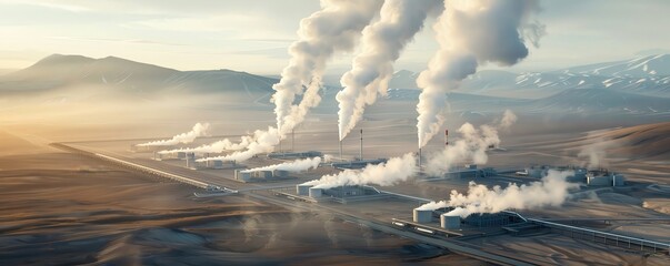 Industrial landscape with multiple factories emitting smoke into the air, located in a remote, mountainous area under a clear sky.