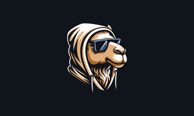 Wall Mural - head camel wearing sun glass and hoodie vector logo design