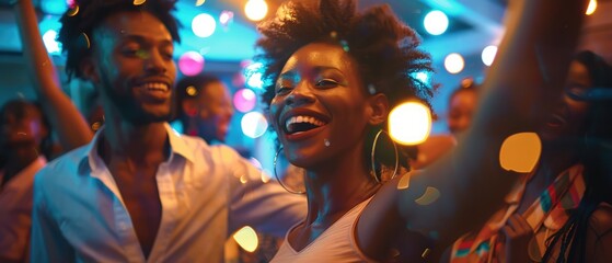 African American friends dancing at a lively party 